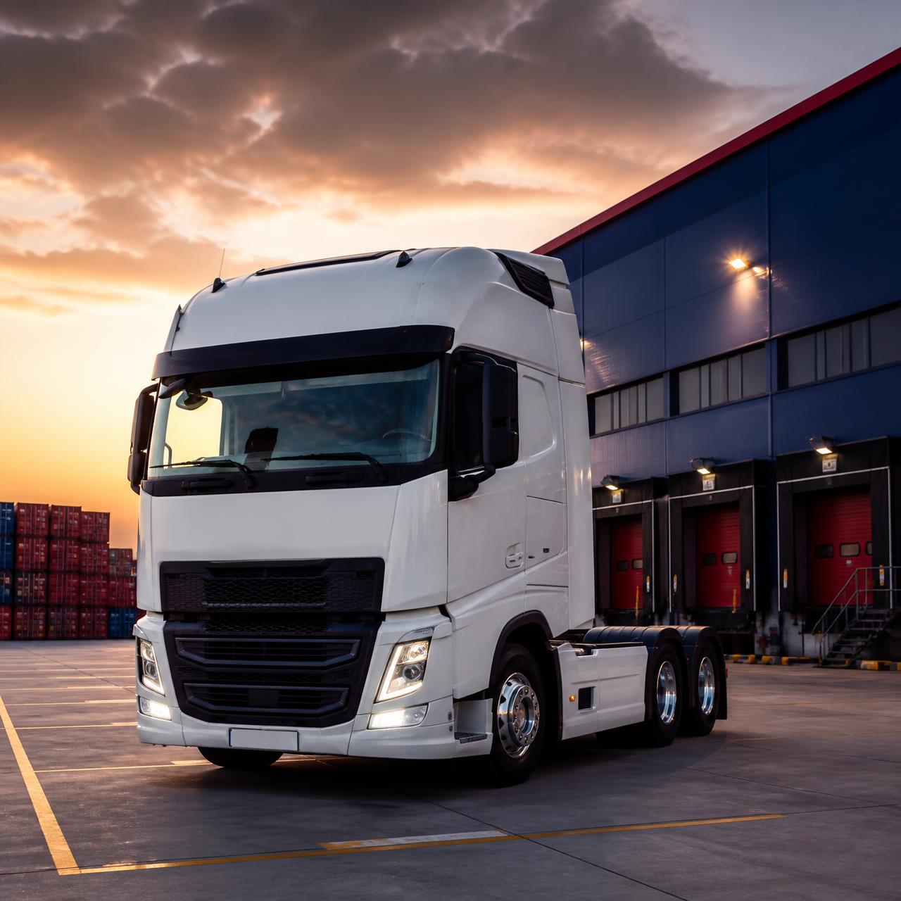 Modern semi-truck at a logistics distribution yard