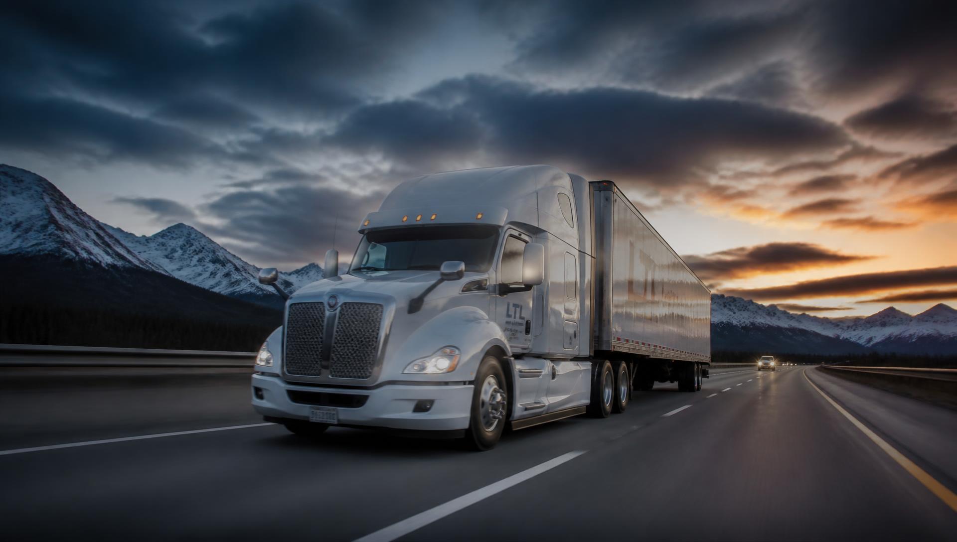 Semi-truck hauling freight along a Canadian highway at dusk